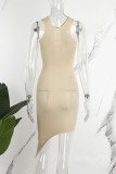 Khaki Sexig Casual Solid urholkad O-hals oregelbunden klänning klänningar