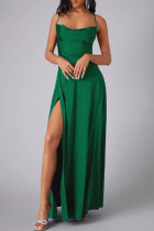 Vert Sexy décontracté solide dos nu bretelles croisées fente Spaghetti sangle longue robe robes