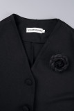 Zwarte elegante effen patchwork gesp V-hals A-lijn jurken (met riem)