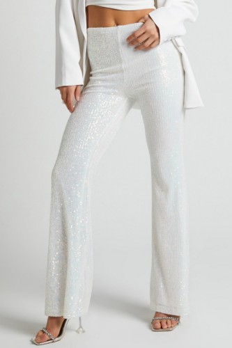 White Casual Patchwork Sequins Skinny High Waist Conventional Patchwork Trousers