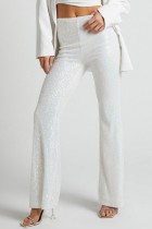 Белые повседневные лоскутные брюки с блестками и узкими брюками в стиле пэчворк с высокой талией