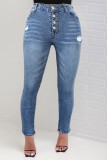 Tiefblaue, lässige, einfarbige, zerrissene, knöpfbare Skinny-Denim-Jeans mit hoher Taille