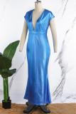 Blå Elegant Solid Patchwork V-hals ärmlösa klänningar