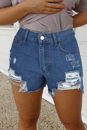Deep Blue Casual Solid High Waist Regular Distressed Ripped Denim Shorts