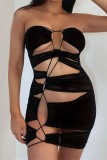 Black Sexy Solid Hollowed Out See-through Backless Swimwears Cover Up