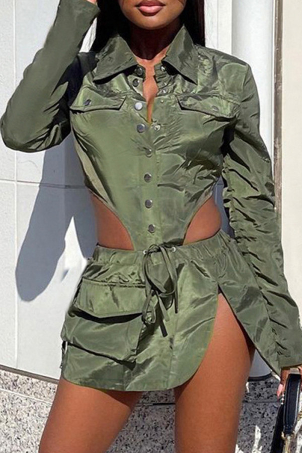 Verde militare sexy casual solido patchwork asimmetrico colletto con risvolto manica lunga due pezzi