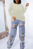 Light Green Casual Solid Patchwork O Neck Plus Size Tops