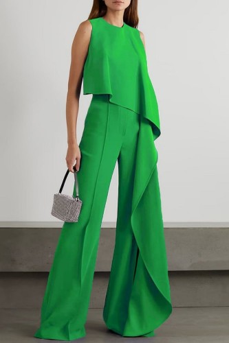 Green Casual Solid Patchwork O Neck Regular Jumpsuits