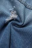 Azul casual sólido patchwork cardigan turndown colarinho jaqueta jeans de manga comprida