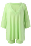 Light Green Casual Solid Basic V Neck Short Sleeve Two Pieces