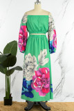 Groene vintage elegante print bloemen patchwork backless off-shoulder lange mouw tweedelig