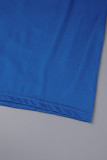 Gola Oblíqua Patchwork Azul Casual Estampada Plus Size Duas Peças