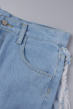 Pantalones cortos de mezclilla rectos de cintura alta con bolsillo de retazos de borla sólida calle informal sexy azul claro