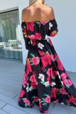 Zwarte casual print patchwork off-shoulder lange jurkjurken