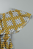 Gul Casual Work Elegant blandat tryck Dot Leopard Patchwork-utskrift från axeln Midjeklänningar