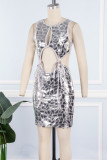 Prata sexy sólido oco retalhos cinta design reflexivo o pescoço vestidos de saia de uma etapa