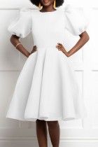 White Casual Solid Patchwork O Neck A Line Short Sleeve Dress