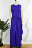 Blue Casual Solid Patchwork O Neck Regular Jumpsuits