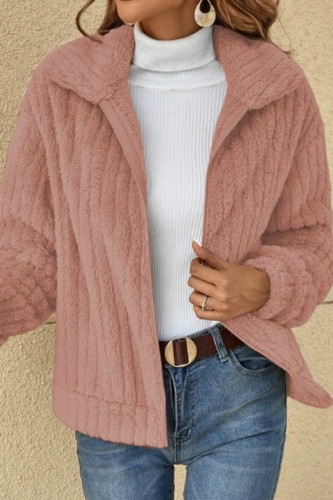 Prendas de abrigo de cuello vuelto de cárdigan sólido informal rosa
