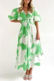 グリーン カジュアル プリント パッチワーク V ネック 半袖 ドレス ドレス