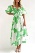 ライトグリーン カジュアル プリント パッチワーク V ネック 半袖 ドレス ドレス