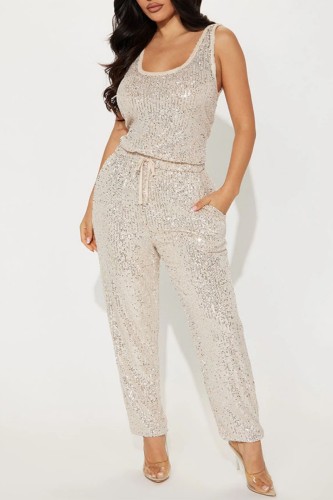 Apricot Sexy Casual Patchwork Sequins U Neck Regular Jumpsuits