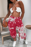 Pantalones rojos con estampado informal, teñido anudado, básicos, regulares, de cintura alta, convencionales, con estampado completo