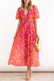 Orange Casual Print Patchwork V-Ausschnitt Kurzarm Kleid Kleider