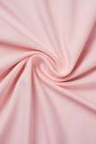 Roze casual effen patchwork contrasterende O-hals jurken met lange mouwen