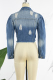 Blue Casual Solid Ripped Buckle Turndown Collar Puff Sleeve Cropped Denim Jacket