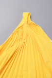 Amarelo Elegante Patchwork Sólido Gola Oblíqua Dobrada Vestidos Linha A