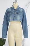 Blå Casual Solid Patchwork Cardigan Turndown-krage Långärmad jeansjacka