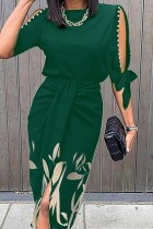 Зеленые повседневные платья с вырезом в стиле пэчворк и круглым вырезом с принтом