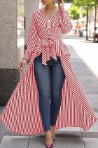 Red Casual Striped Print Patchwork V Neck Tops