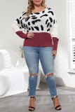 Purplish Red Casual Leopard Patchwork O Neck Plus Size Tops
