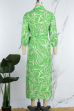 Robes décontractées vertes à manches longues avec fente frenule et col rabattu