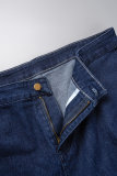 Donkerblauwe casual dagelijkse effen gescheurde patchwork jeans in grote maten