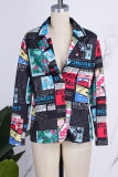 Black Casual Print Patchwork Cardigan Turn-back Collar Outerwear
