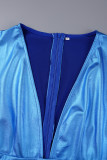Vestido azul elegante sólido patchwork com decote em V sem mangas