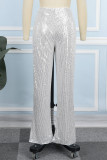 Pantaloni patchwork convenzionali skinny a vita alta con paillettes patchwork casual color albicocca