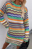 Blue Casual Striped Patchwork O Neck Long Sleeve Dresses