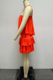 Tangerine Red Casual Sweet Daily Simplicity Flounce Solid Color Halter Sleeveless Two Pieces