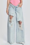White Casual Solid Patchwork Mid Waist Regular Wide Leg Baggy Ripped Denim Jeans (Subject To The Actual Object)
