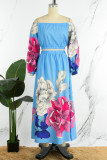 Bleu Vintage élégant imprimé Floral Patchwork dos nu épaules dénudées manches longues deux pièces