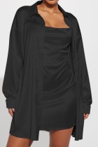 Black Sexy Casual Solid Basic Turndown Collar Long Sleeve Two Pieces