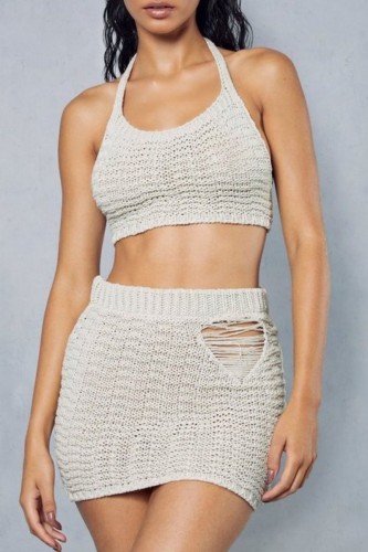 Cream White Sexy Casual Solid Backless O Neck Sleeveless Two Pieces
