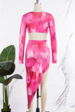 Rose Red Sexy Color Lump Print Hollowed Out Patchwork Asymmetrical U Neck Long Sleeve Two Pieces