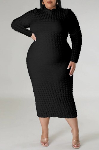 Black Casual Solid Basic Half A Turtleneck Long Sleeve Plus Size Dresses