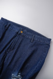 Dunkelblaue, lässige, tägliche, einfarbige, zerrissene Patchwork-Jeans in Übergröße