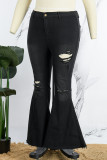 Zwarte casual dagelijkse effen gescheurde patchwork grote maat jeans